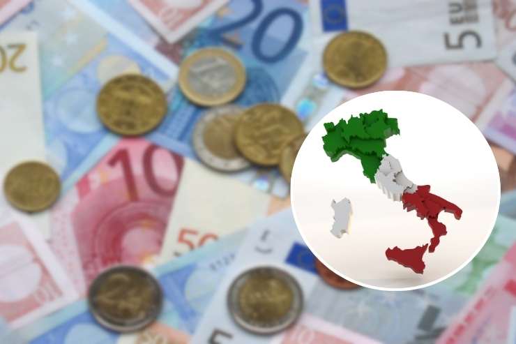 monete, banconote e cartina italia